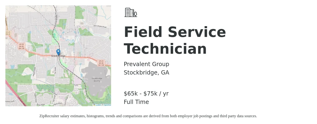 Prevalent Group job posting for a Field Service Technician in Stockbridge, GA with a salary of $65,000 to $75,000 Yearly with a map of Stockbridge location.