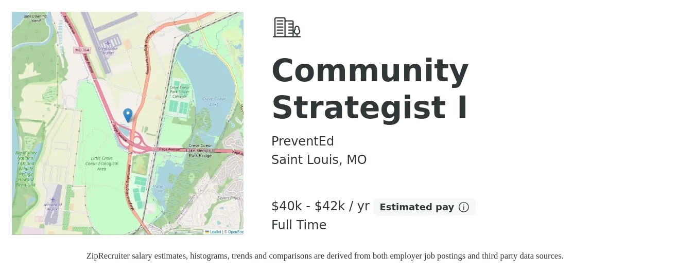 PreventEd job posting for a Community Strategist I in Saint Louis, MO with a salary of $40,000 to $42,000 Yearly with a map of Saint Louis location.