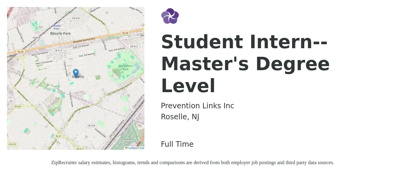 Prevention Links Inc job posting for a Student Intern-- Master's Degree Level in Roselle, NJ with a salary of $15 to $20 Hourly with a map of Roselle location.