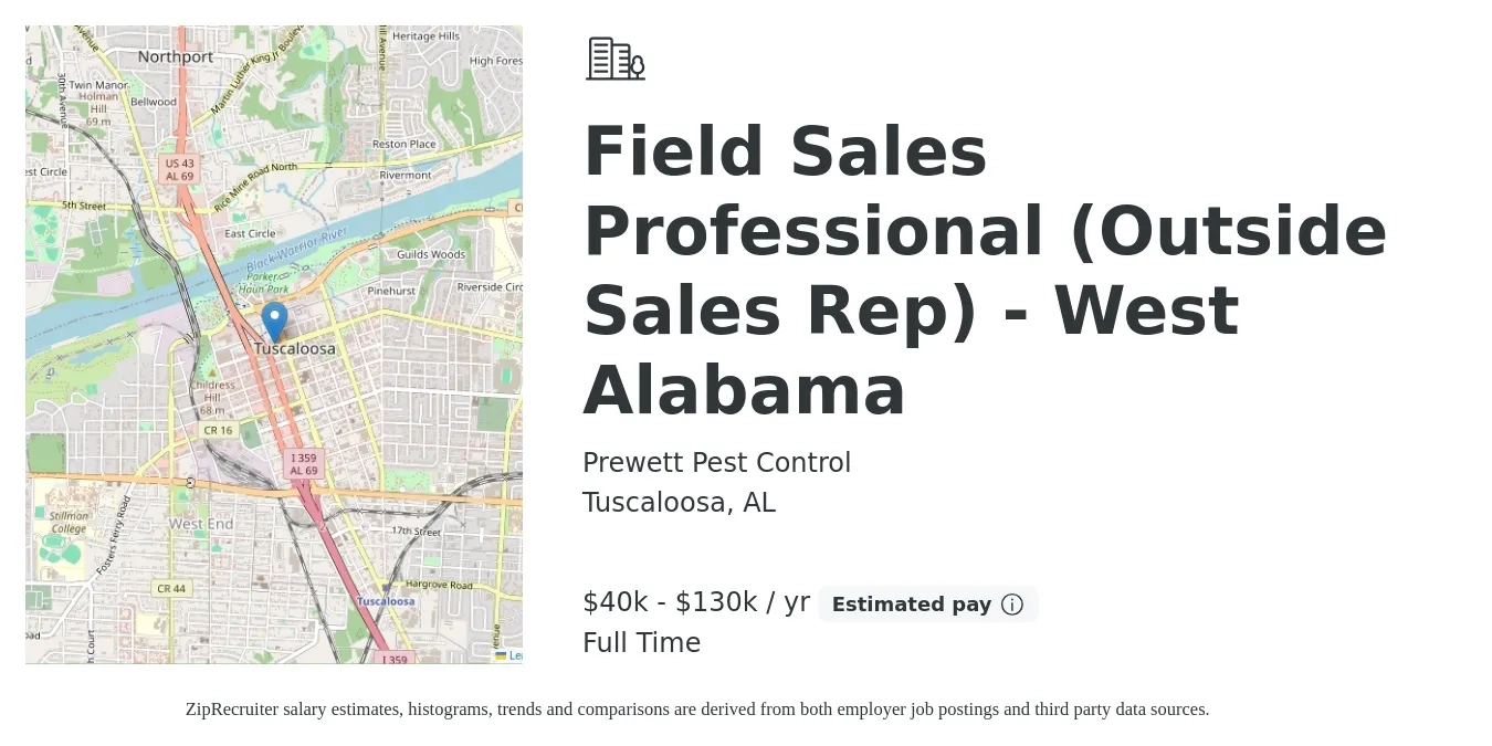 Prewett Pest Control job posting for a Field Sales Professional (Outside Sales Rep) - West Alabama in Tuscaloosa, AL with a salary of $40,000 to $130,000 Yearly with a map of Tuscaloosa location.