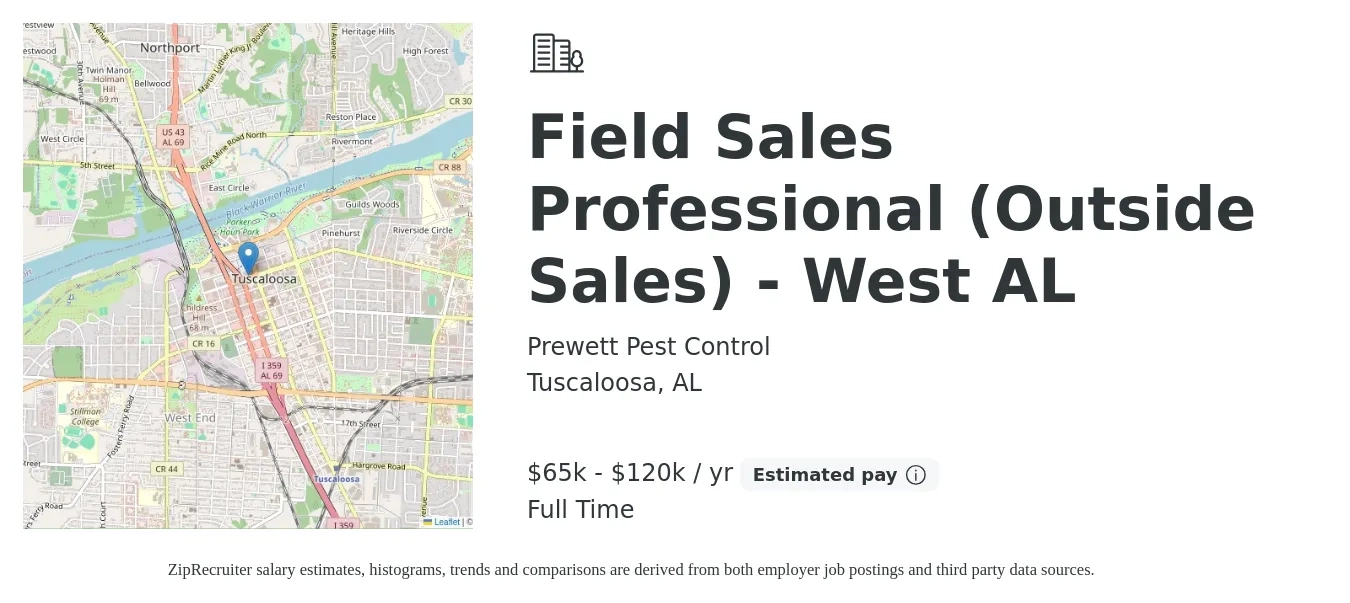 Prewett Pest Control job posting for a Field Sales Professional (Outside Sales) - West AL in Tuscaloosa, AL with a salary of $65,000 to $120,000 Yearly with a map of Tuscaloosa location.