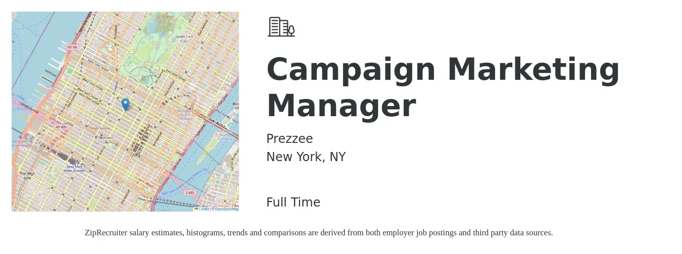 Prezzee job posting for a Campaign Marketing Manager in New York, NY with a salary of $103,400 to $126,900 Yearly with a map of New York location.