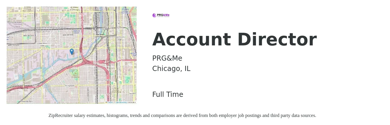 PRG&Me job posting for a Account Director in Chicago, IL with a salary of $97,900 to $126,200 Yearly with a map of Chicago location.