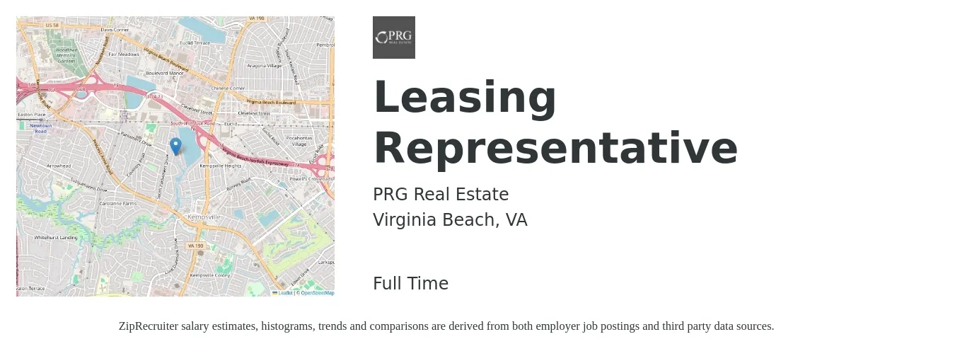 PRG Real Estate job posting for a Leasing Representative in Virginia Beach, VA with a salary of $16 to $21 Hourly with a map of Virginia Beach location.