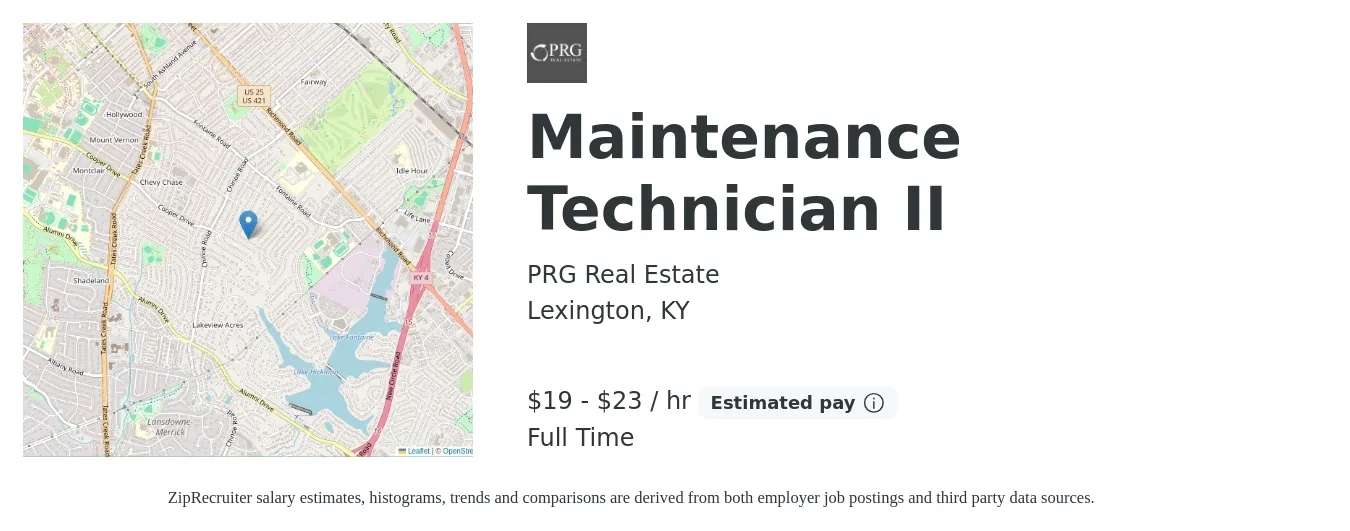 PRG Real Estate job posting for a Maintenance Technician II in Lexington, KY with a salary of $20 to $24 Hourly with a map of Lexington location.