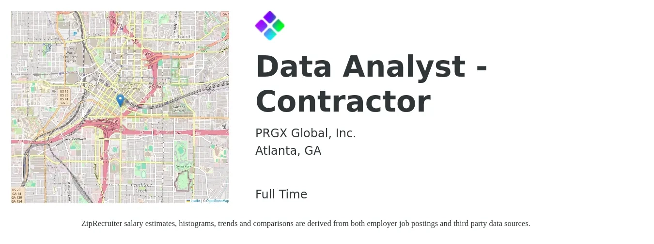 PRGX Global, Inc. job posting for a Data Analyst - Contractor in Atlanta, GA with a salary of $59,400 to $92,200 Yearly with a map of Atlanta location.