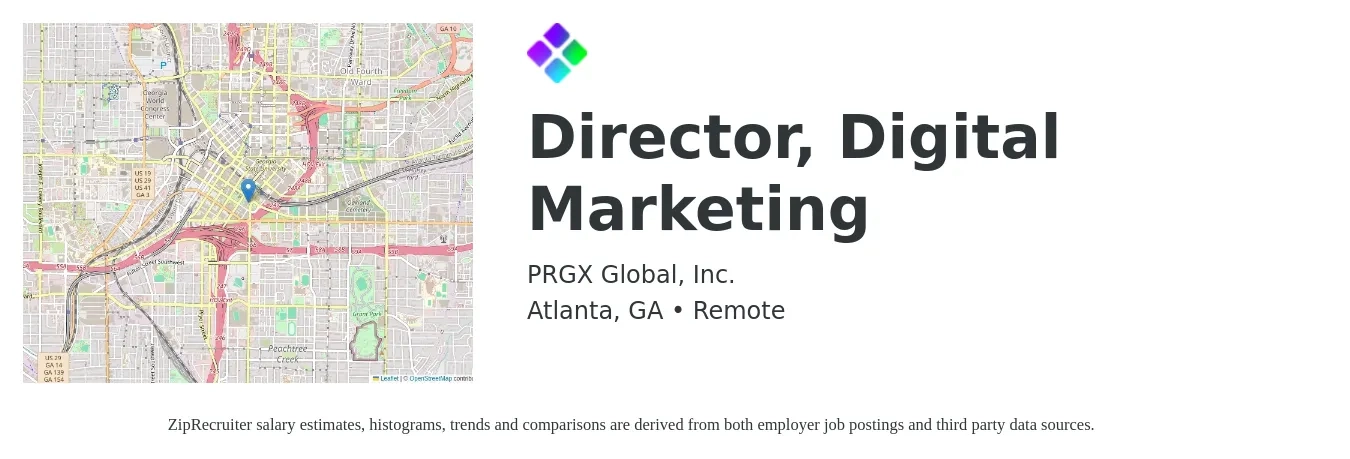 PRGX Global job posting for a Director, Digital Marketing in Atlanta, GA with a salary of $83,200 to $144,200 Yearly with a map of Atlanta location.