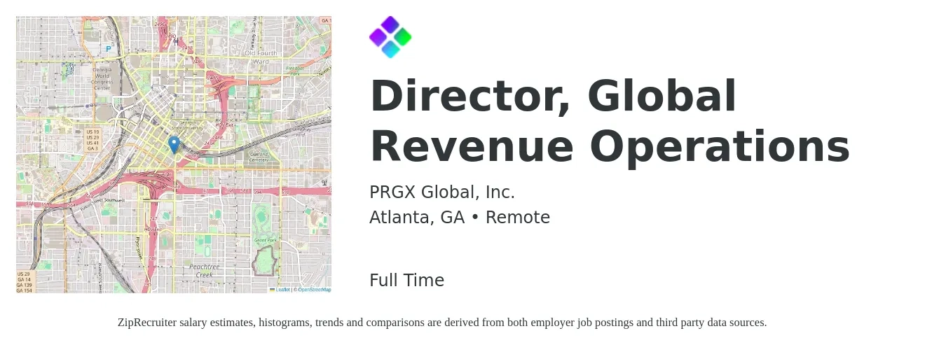 PRGX Global, Inc job posting for a Director, Global Revenue Operations in Atlanta, GA with a salary of $82,700 to $142,500 Yearly with a map of Atlanta location.