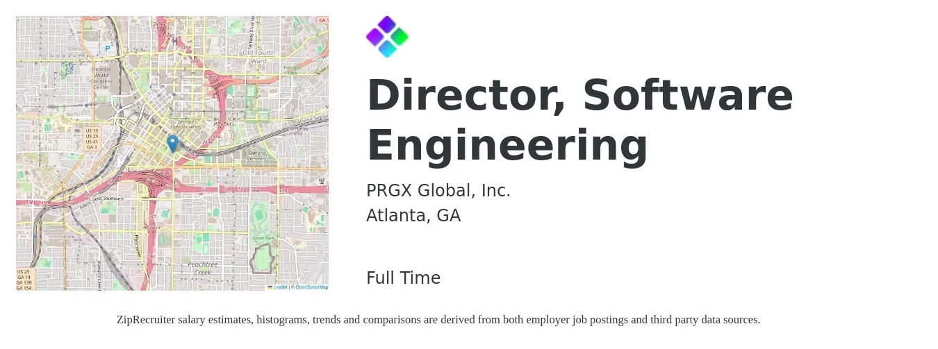 PRGX Global, Inc. job posting for a Director, Software Engineering in Atlanta, GA with a salary of $240,400 Yearly with a map of Atlanta location.