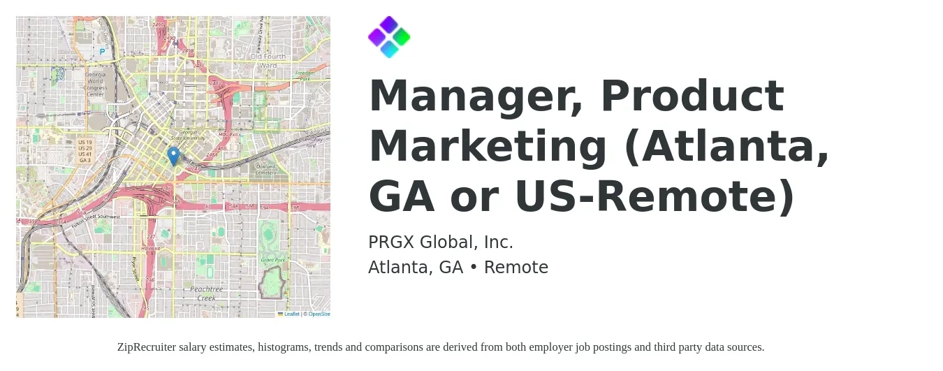 PRGX Global, Inc. job posting for a Manager, Product Marketing (Atlanta, GA or US-Remote) in Atlanta, GA with a salary of $146,300 Yearly with a map of Atlanta location.