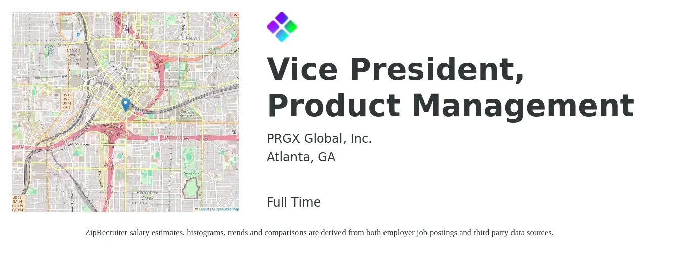 PRGX Global, Inc. job posting for a Vice President, Product Management in Atlanta, GA with a salary of $179,100 to $221,400 Yearly with a map of Atlanta location.