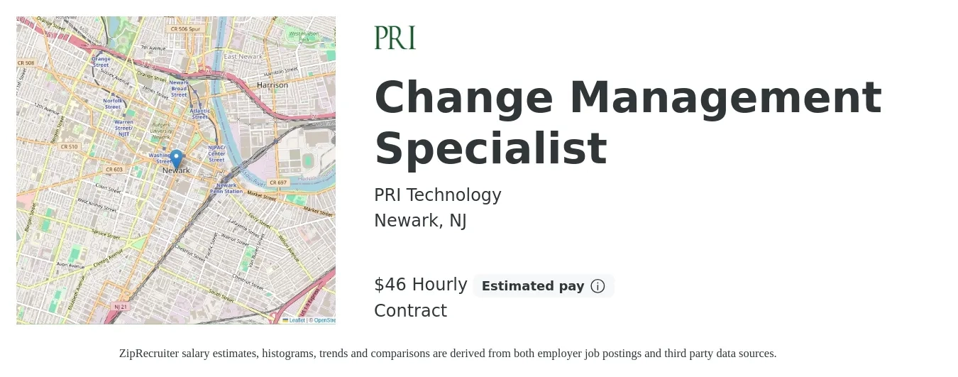PRI Technology job posting for a Change Management Specialist in Newark, NJ with a salary of $48 Hourly with a map of Newark location.