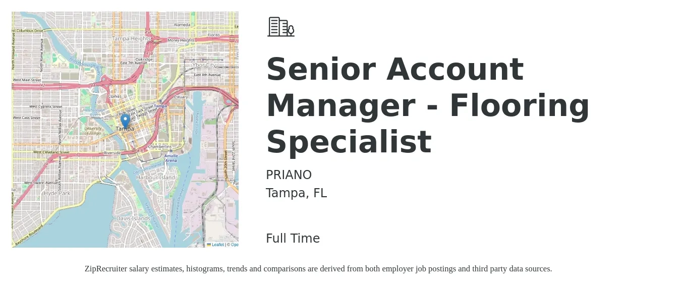 PRIANO job posting for a Senior Account Manager - Flooring Specialist in Tampa, FL with a salary of $92,000 to $130,000 Yearly with a map of Tampa location.