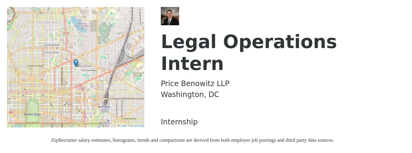 Price Benowitz LLP job posting for a Legal Operations Intern in Washington, DC with a salary of $19 to $26 Hourly with a map of Washington location.