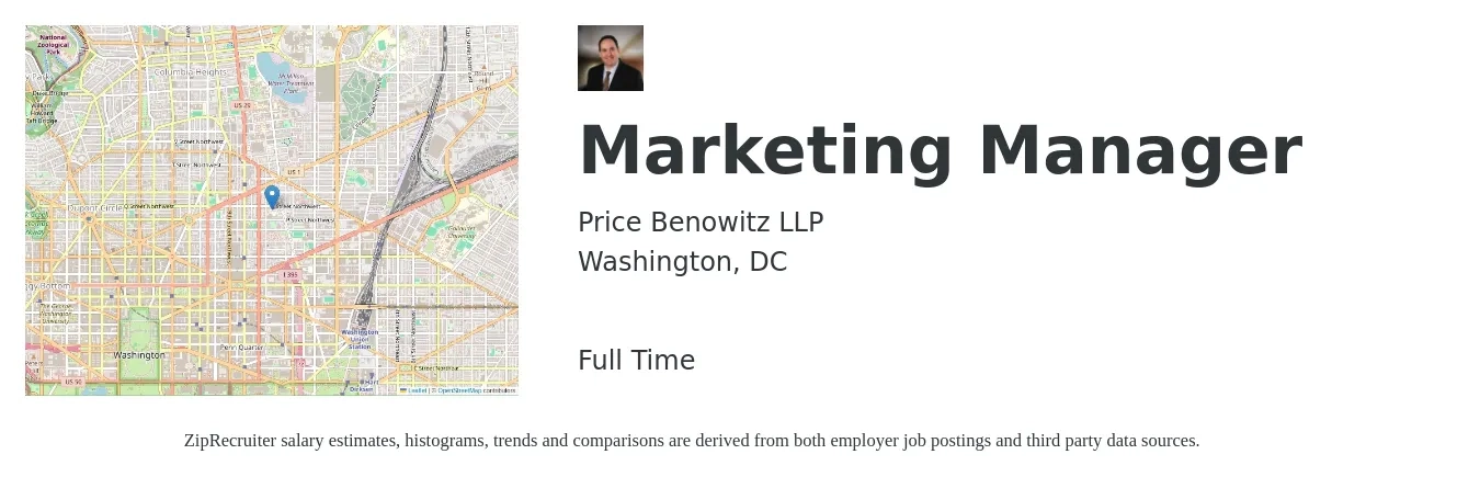 Price Benowitz LLP job posting for a Marketing Manager in Washington, DC with a salary of $67,700 to $110,600 Yearly with a map of Washington location.