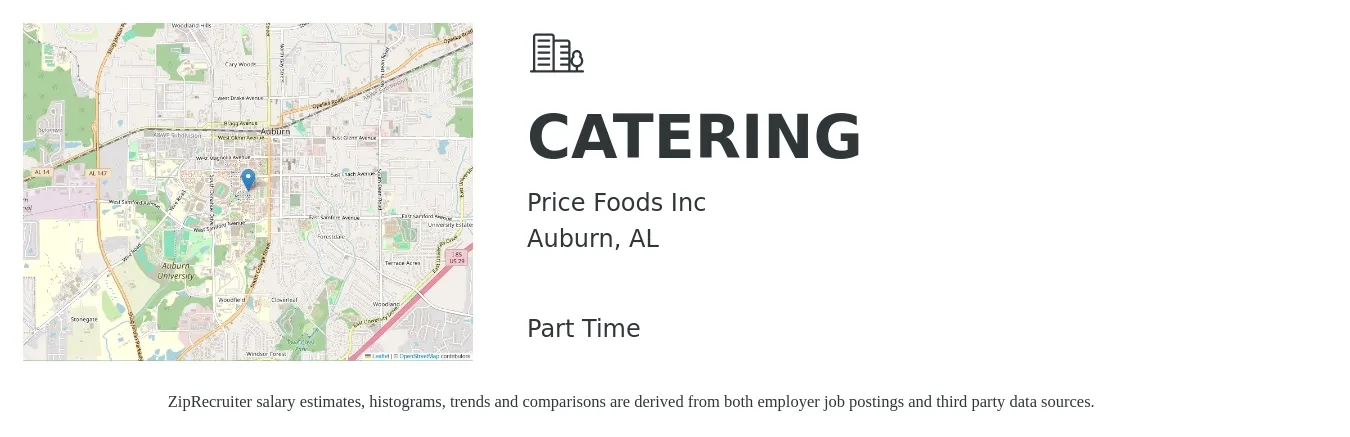 Price Foods Inc job posting for a CATERING in Auburn, AL with a salary of $14 to $24 Hourly with a map of Auburn location.