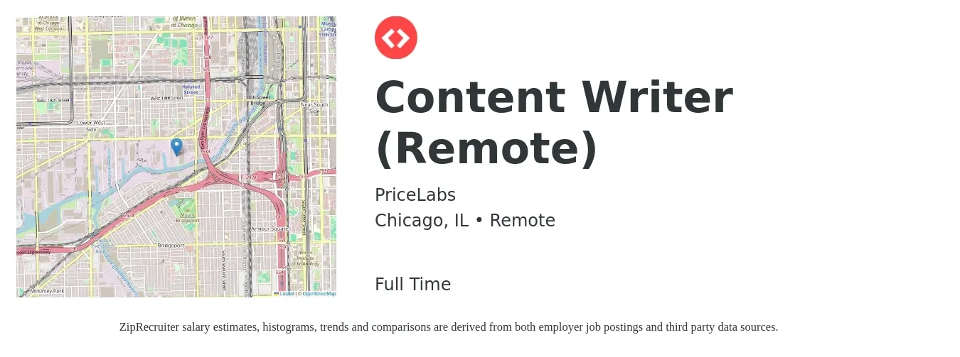 PriceLabs job posting for a Content Writer (Remote) in Chicago, IL with a salary of $25 to $50 Hourly with a map of Chicago location.