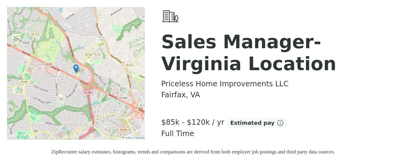 Priceless Home Improvements LLC job posting for a Sales Manager- Virginia Location in Fairfax, VA with a salary of $85,000 to $120,000 Yearly with a map of Fairfax location.