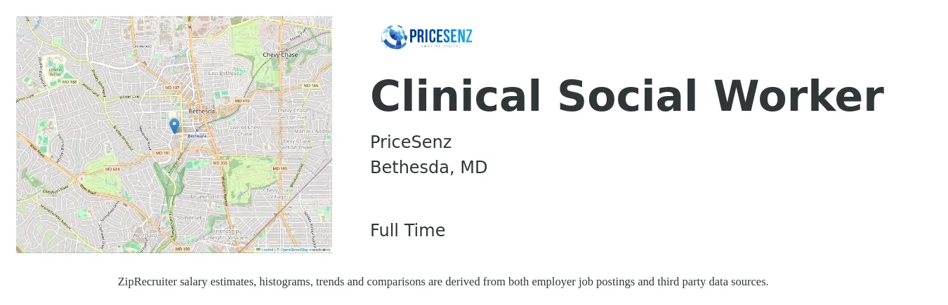 PriceSenz job posting for a Clinical Social Worker in Bethesda, MD with a salary of $76,800 to $119,500 Yearly with a map of Bethesda location.