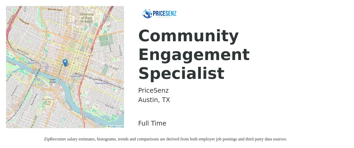 PriceSenz job posting for a Community Engagement Specialist in Austin, TX with a salary of $40,600 to $67,900 Yearly with a map of Austin location.