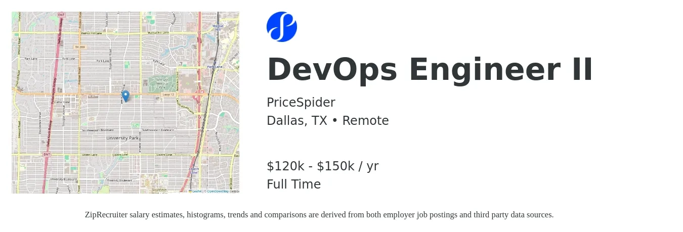 PriceSpider job posting for a DevOps Engineer II in Dallas, TX with a salary of $120,000 to $150,000 Yearly with a map of Dallas location.