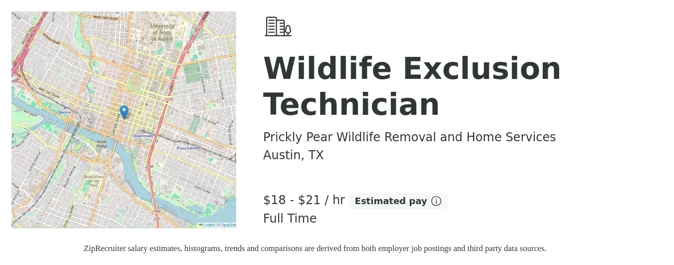 Prickly Pear Wildlife Removal and Home Services job posting for a Wildlife Exclusion Technician in Austin, TX with a salary of $19 to $22 Hourly and benefits including pto, and retirement with a map of Austin location.