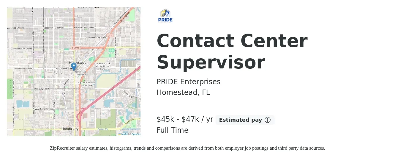 PRIDE Enterprises job posting for a Contact Center Supervisor in Homestead, FL with a salary of $45,000 to $47,000 Yearly with a map of Homestead location.