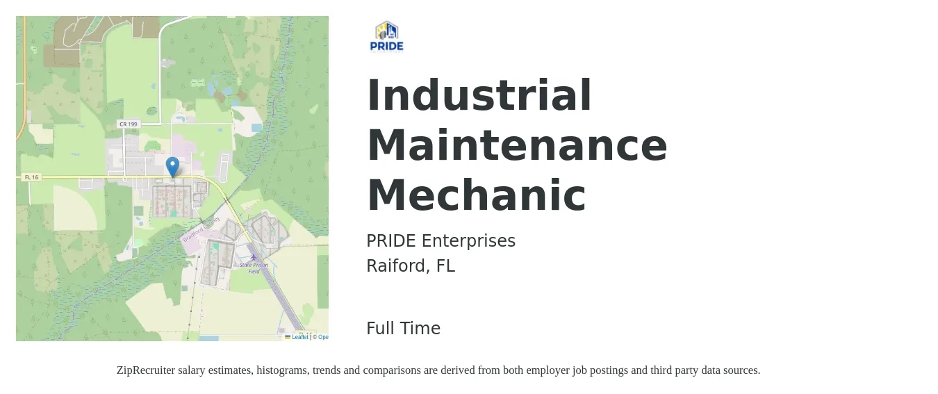 PRIDE Enterprises job posting for a Industrial Maintenance Mechanic in Raiford, FL with a salary of $23 to $28 Hourly with a map of Raiford location.