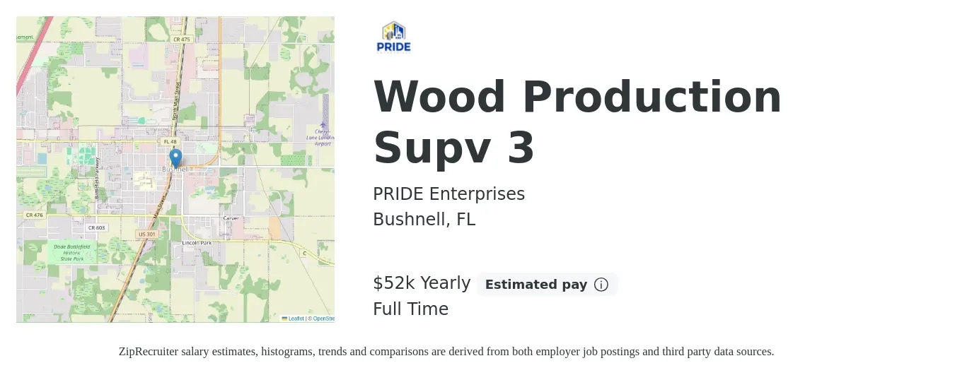 PRIDE Enterprises job posting for a Wood Production Supv 3 in Bushnell, FL with a salary of $45,000 to $50,000 Yearly with a map of Bushnell location.