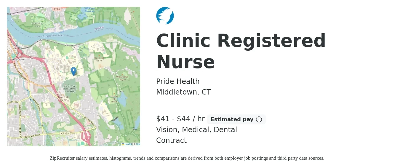 Pride Health job posting for a Clinic Registered Nurse in Middletown, CT with a salary of $43 to $46 Hourly and benefits including vision, dental, and medical with a map of Middletown location.