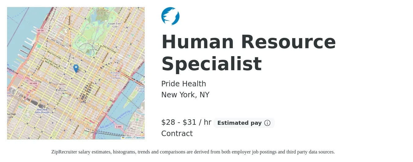 Pride Health job posting for a Human Resource Specialist in New York, NY with a salary of $30 to $33 Hourly with a map of New York location.