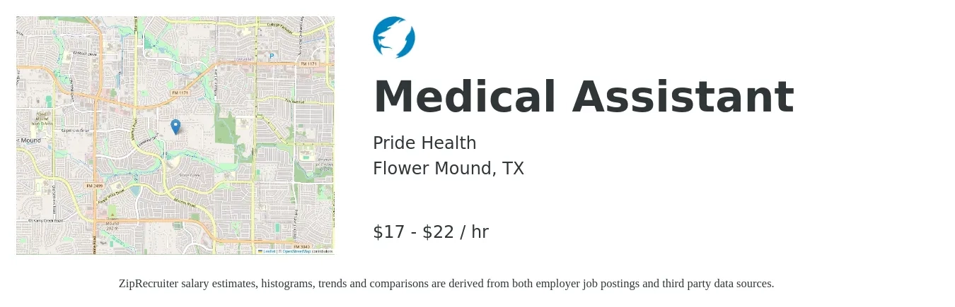 Pride Health job posting for a Medical Assistant in Flower Mound, TX with a salary of $18 to $23 Hourly with a map of Flower Mound location.