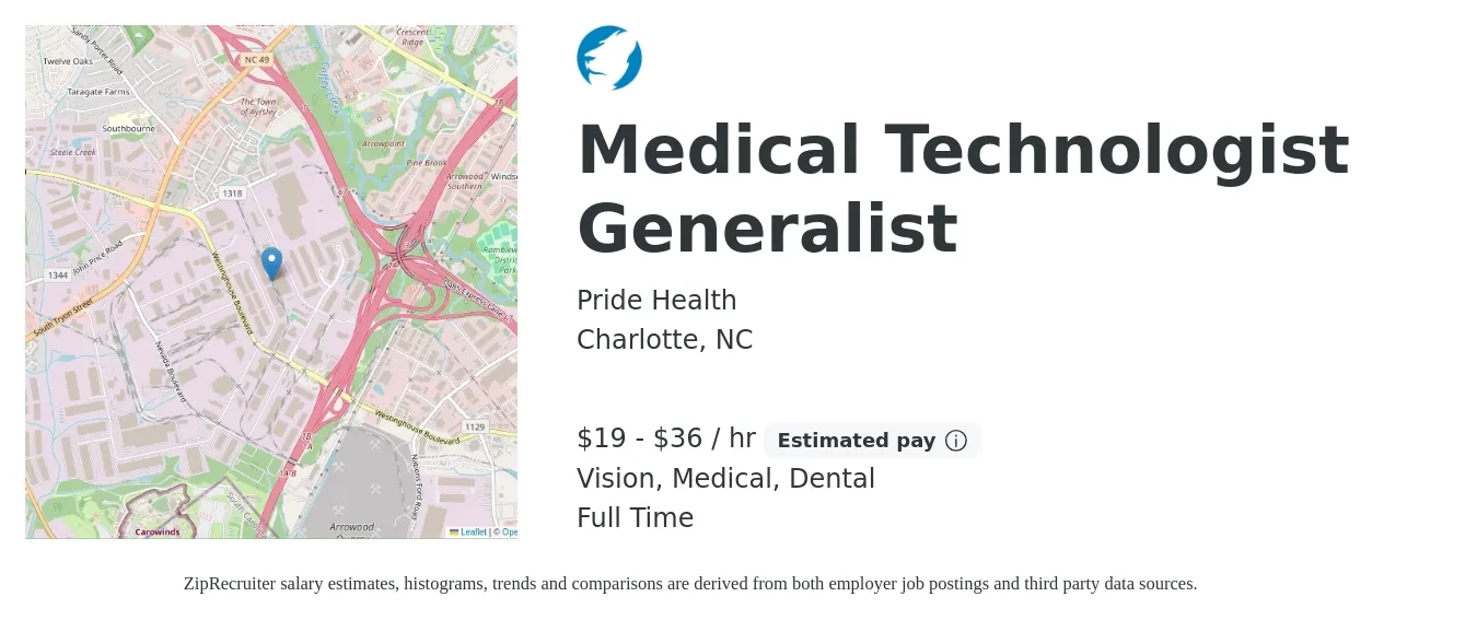 Pride Health job posting for a Medical Technologist Generalist in Charlotte, NC with a salary of $20 to $38 Hourly and benefits including dental, life_insurance, medical, pto, retirement, and vision with a map of Charlotte location.