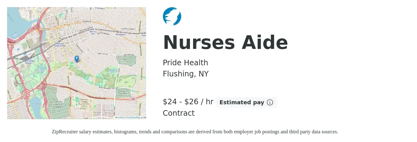 Pride Health job posting for a Nurses Aide in Flushing, NY with a salary of $25 to $28 Hourly with a map of Flushing location.