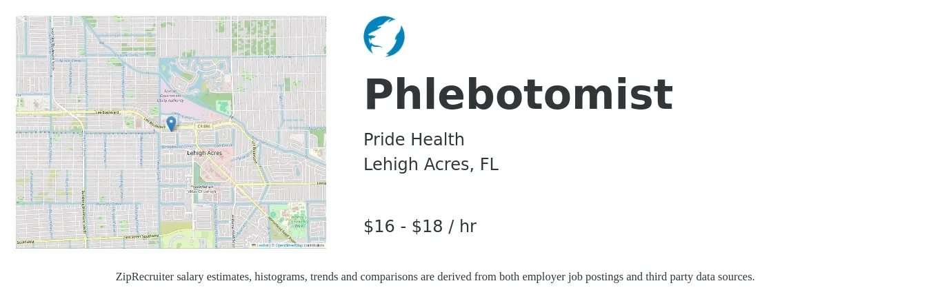 Pride Health job posting for a Phlebotomist in Lehigh Acres, FL with a salary of $17 to $19 Hourly and benefits including dental, life_insurance, medical, pto, and vision with a map of Lehigh Acres location.