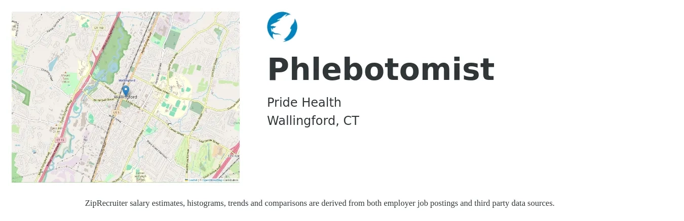 Pride Health job posting for a Phlebotomist in Wallingford, CT with a salary of $17 to $21 Hourly with a map of Wallingford location.