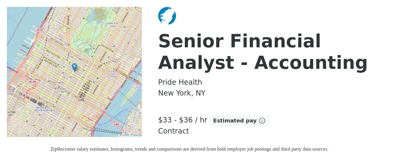 Pride Health job posting for a Senior Financial Analyst - Accounting in New York, NY with a salary of $35 to $38 Hourly with a map of New York location.
