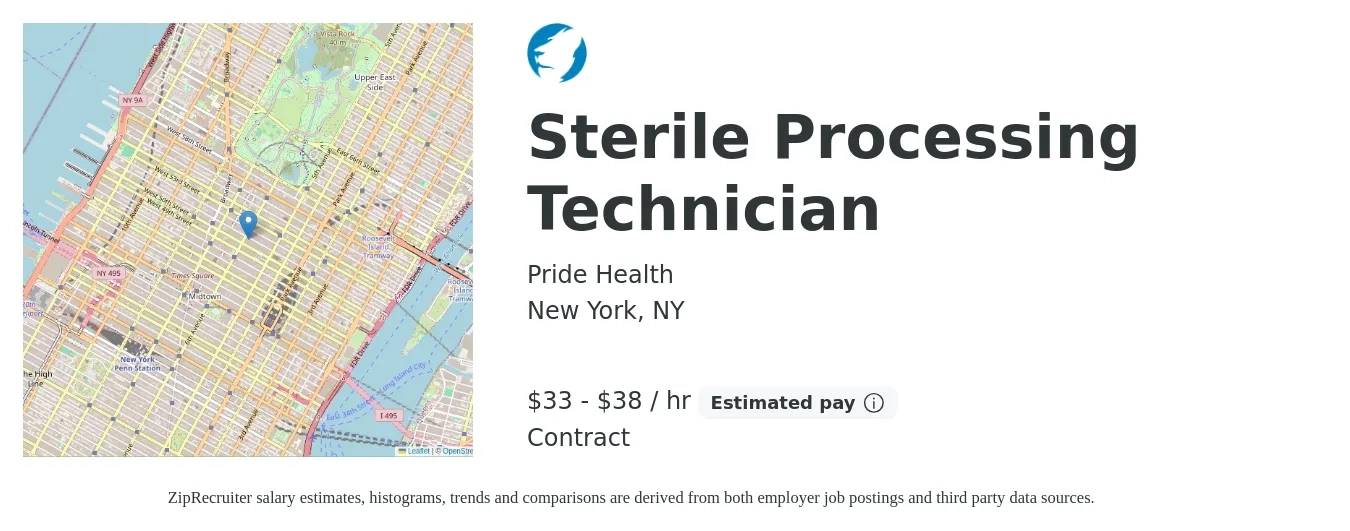 Pride Health job posting for a Sterile Processing Technician in New York, NY with a salary of $35 to $40 Hourly with a map of New York location.