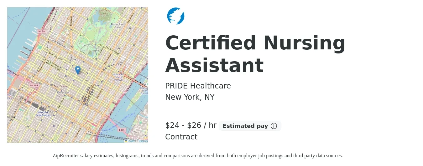 PRIDE Healthcare job posting for a Certified Nursing Assistant in New York, NY with a salary of $25 to $28 Hourly with a map of New York location.