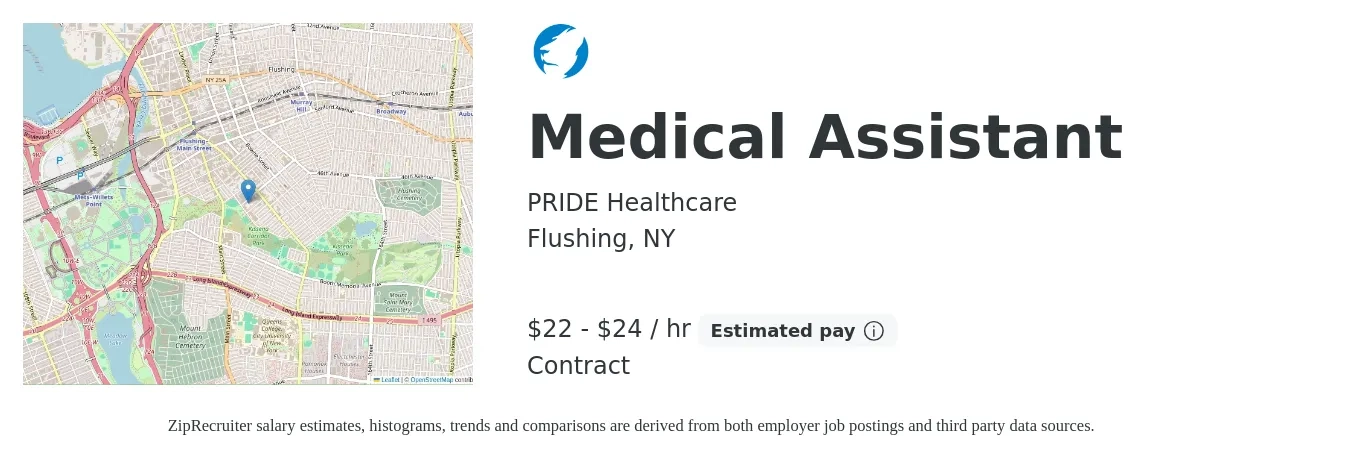 PRIDE Healthcare job posting for a Medical Assistant in Flushing, NY with a salary of $23 to $25 Hourly with a map of Flushing location.