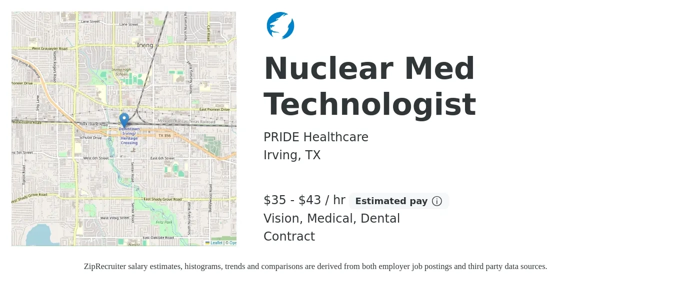 PRIDE Healthcare job posting for a Nuclear Med Technologist in Irving, TX with a salary of $37 to $45 Hourly and benefits including medical, retirement, vision, dental, and life_insurance with a map of Irving location.