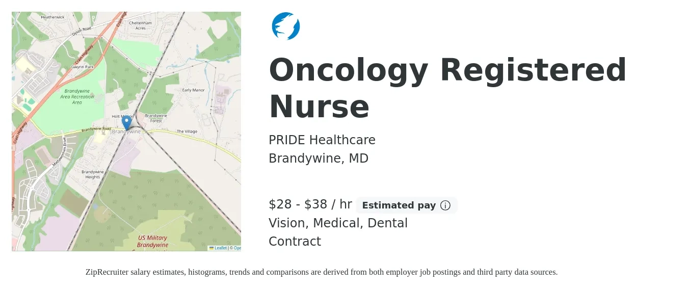 PRIDE Healthcare job posting for a Oncology Registered Nurse in Brandywine, MD with a salary of $30 to $40 Hourly and benefits including dental, life_insurance, medical, pto, and vision with a map of Brandywine location.