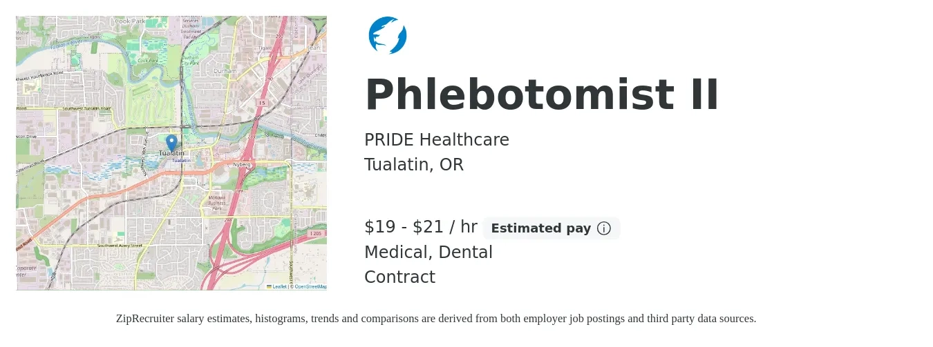 PRIDE Healthcare job posting for a Phlebotomist II in Tualatin, OR with a salary of $20 to $22 Hourly and benefits including medical, dental, and life_insurance with a map of Tualatin location.
