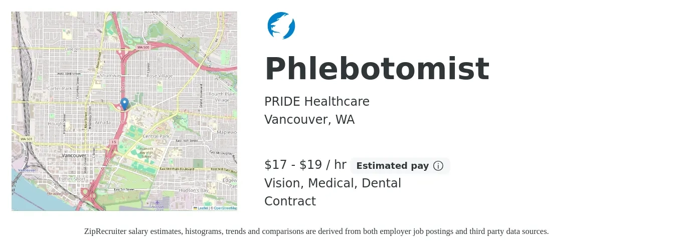 PRIDE Healthcare job posting for a Phlebotomist in Vancouver, WA with a salary of $18 to $20 Hourly and benefits including dental, life_insurance, medical, pto, retirement, and vision with a map of Vancouver location.