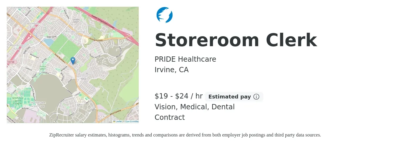 PRIDE Healthcare job posting for a Storeroom Clerk in Irvine, CA with a salary of $20 to $25 Hourly and benefits including dental, medical, retirement, and vision with a map of Irvine location.