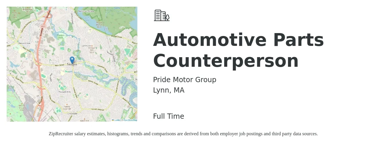 Pride Motor Group job posting for a Automotive Parts Counterperson in Lynn, MA with a salary of $18 to $25 Hourly with a map of Lynn location.