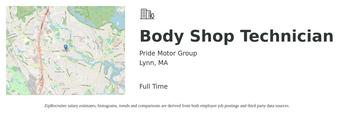 Pride Motor Group job posting for a Body Shop Technician in Lynn, MA with a salary of $20 to $32 Hourly with a map of Lynn location.