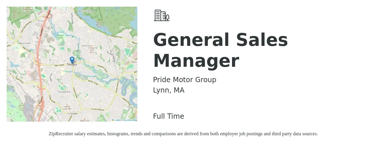 Pride Motor Group job posting for a General Sales Manager in Lynn, MA with a salary of $46,400 to $99,500 Yearly with a map of Lynn location.