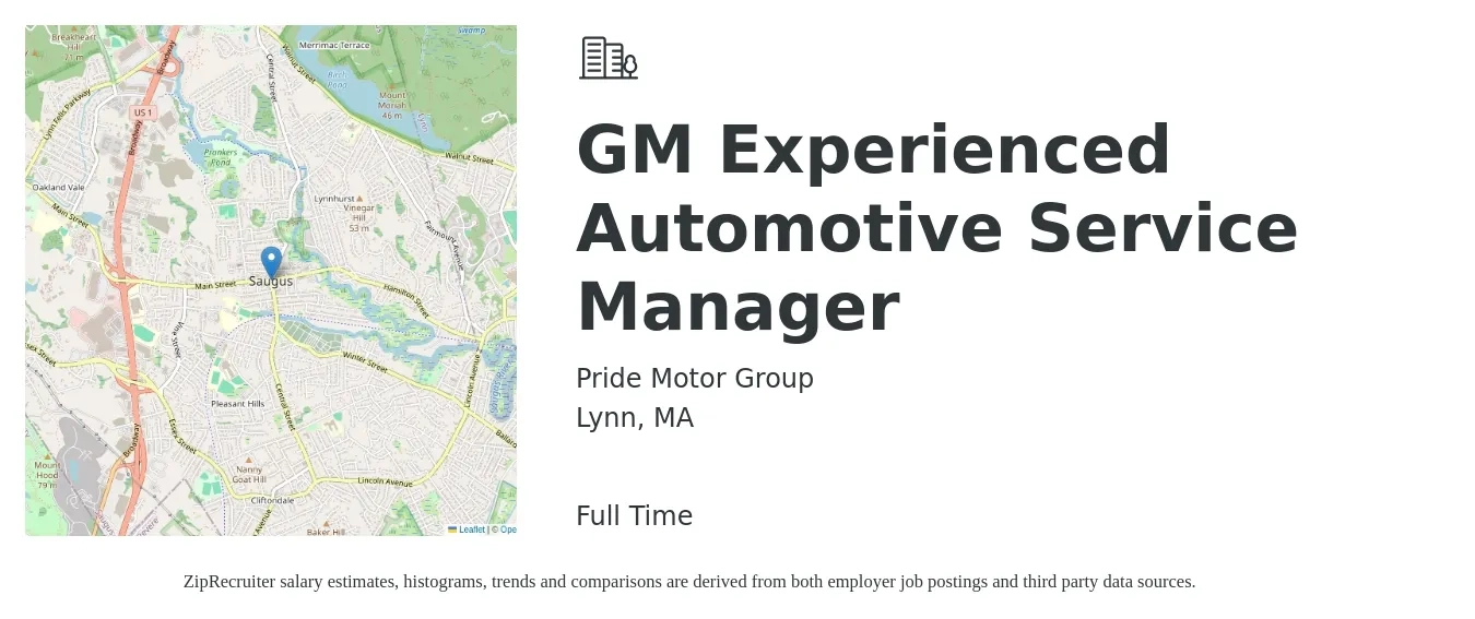 Pride Motor Group job posting for a GM Experienced Automotive Service Manager in Lynn, MA with a salary of $57,800 to $83,500 Yearly with a map of Lynn location.