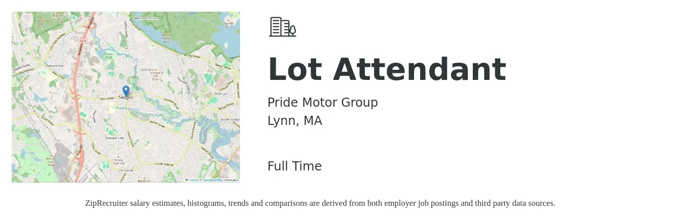 Pride Motor Group job posting for a Lot Attendant in Lynn, MA with a salary of $16 to $18 Hourly with a map of Lynn location.